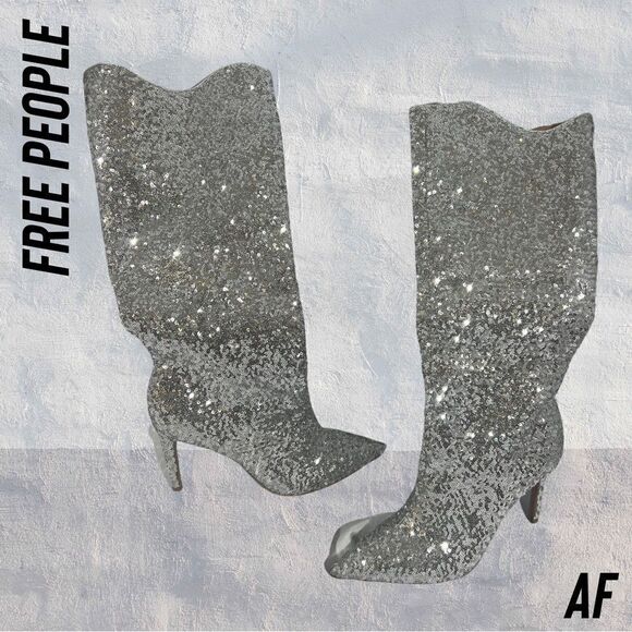 FREE PEOPLE BY VINCENZA AFTER MIDNIGHT SEQUINED BOOTS IN SILVER - Picture 3 of 8